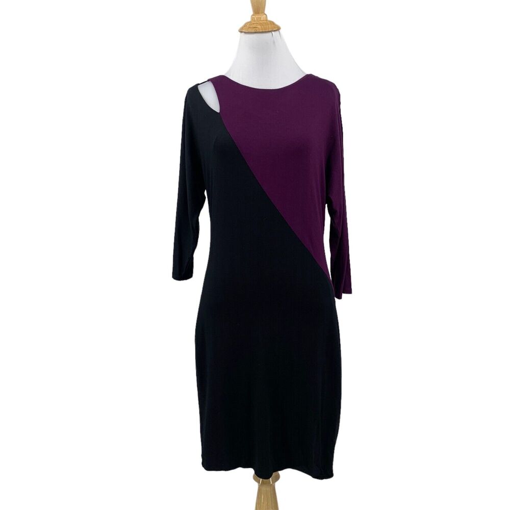 Trina Turk Dress Womens 2 Berry Black Cut Out Shoulder Colorblock Lined Sheath